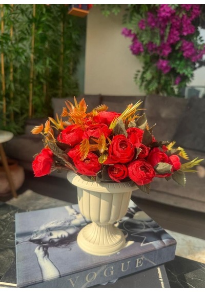 Yapay Çiçek Krem Antik Saksıda Kırmızı Erengül 23cm