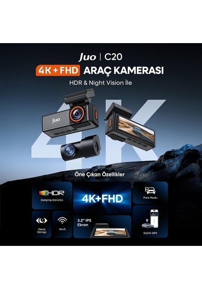 Tr C20 4k Uhd Ön + Fhd Arka 2 Kameralı Wifi Gps Hdr Araç Kamerası 3.4 Ips Ekranlı 170 Derece Geniş Açı Gece Gör