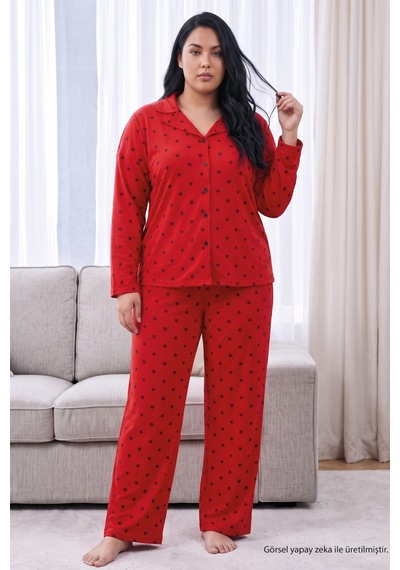Siyah İnci Kırmızı Yıldız Desenli Termal Kumaşlı Ultra Soft Yumuşak Büyük Beden Battal Boy Düğmeli Örme Pijama Takımı