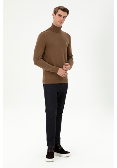 U.S. Polo Assn. Erkek Slim Fit Boğazlı Yaka Haki Melanj Basic Kazak 50288884-VR125