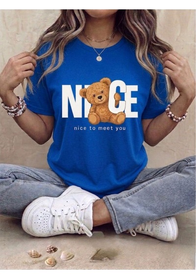 Ayıcık Figürlü Nice To Meet You Yazılı Oversize T-shirt Mavi