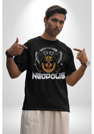 Neopolis Rottweiler Viking Pamuklu Bisiklet Yaka Unisex Oversize Boyfriend Dijital Baskılı Siyah T-shirt Siyah