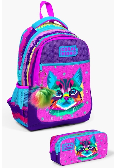 Coral High Kıds Mor Pembe Kedi Desenli 2'li Okul Çanta Seti Set0223477