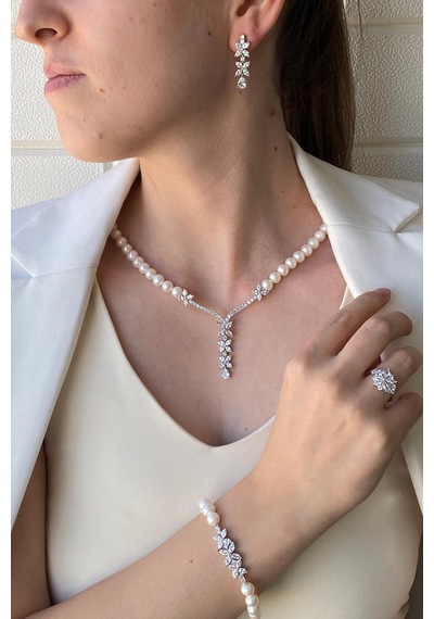 7,5 Mm Kadın Çiçek Modelli Zirkon Taşlı Doğal İnci Küpe Kolye Bileklik Yüzük Dörtlü Set 13 Gümüş