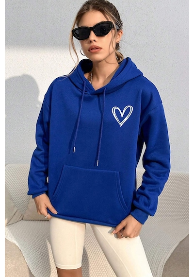 Unisex Heart Baskılı Oversize Sweatshirt Mavi