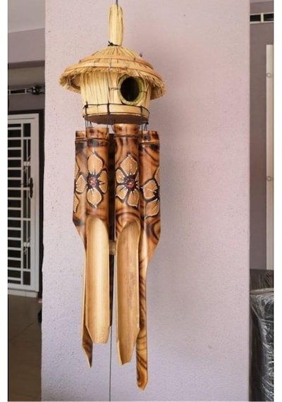 Otantik Hasır Kuş Yuvalı El Yapımı Doğal Bambu Çiçek Desenli Rüzgar Çanı Balkon Dekoru Ev Hediyesi