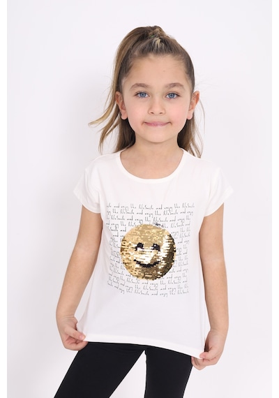 Toontoy Kids Toontoy Kız Çocuk Gülen Yüz Pullu Nakış Tişört Ekru