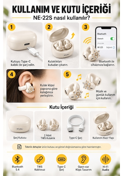 Ne-22s Tws Kablosuz Bluetooth 5.4 Open-ear Klips Küpeli Bayan Kulaklığı - Beyaz