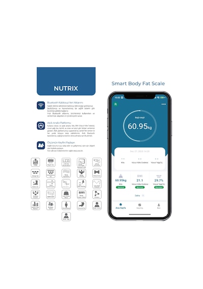 Scntx-001 Nutrix Akıllı Vücut Analiz Tartısı 150 Kg, Bluetooth Uygulamalı, 4 Elektrotlu, Lcd Ekran, 100 G Hassasiyet - Siyah