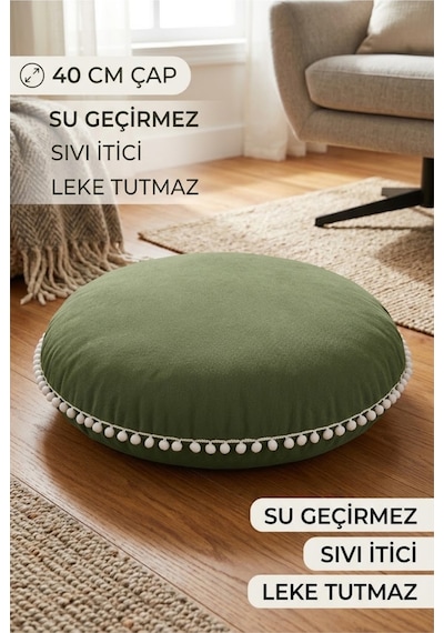Yuvarlak Minder 40 Cm Çap Su Geçirmez Sıvı İtici Leke Tutmaz Beyaz Ponponlu Dekoratif Ev Minderi Çok Renkli