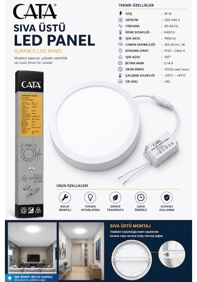 Cata Ct-5233 18w Led Panel 6400k Beyaz Işık 1900 Lm Sıva Üstü Yuvarlak Tavan Lambası