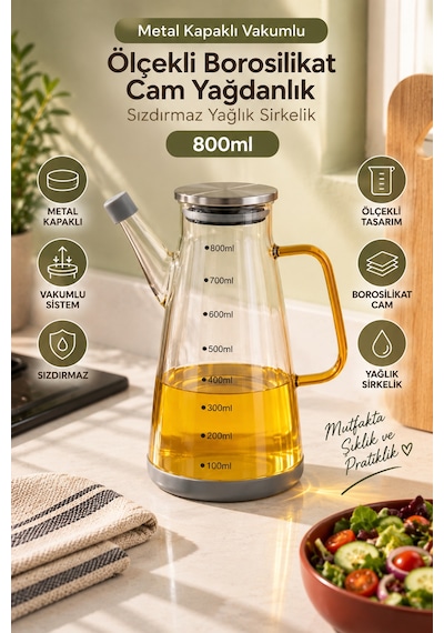 Porsima Yh009-d02 Metal Kapaklı Vakumlu Ölçekli Borosilikat Cam Yağdanlık - Sızdırmaz Yağlık Sirkelik 800ml Diğer