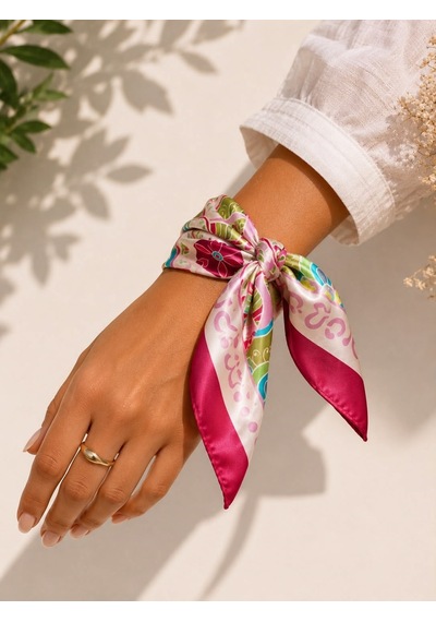 Kumru Studio Pembe Çiçek Desenli Renkli Bandana Ve Fular