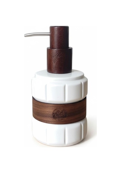 Ahşap Detaylı Porselen Sıvı Sabunluk 450 Ml Çelik Pompa Uçlu Mutfak Ve Banyo Deterjanlık Kahverengi