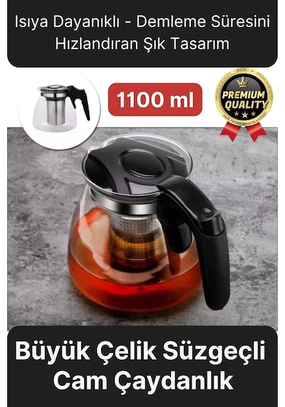 Özel Üretim Isıya Dayanıklı Bitki Çayı Şeffaf Büyük Çelik Süzgeçli Cam Çaydanlık Demlik 1.1 Litre Çok Renkli
