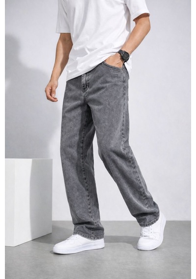 Erkek Gri Yıkamalı Baggy Jean Pantolon Rahat Kesim Günlük Şık Oversize Denim Grifüme
