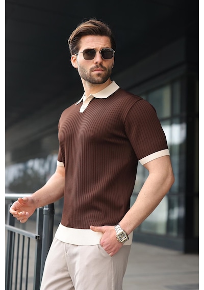 Madmext Kahverengi Polo Yaka Triko Erkek Tişört E7471 Kahverengi