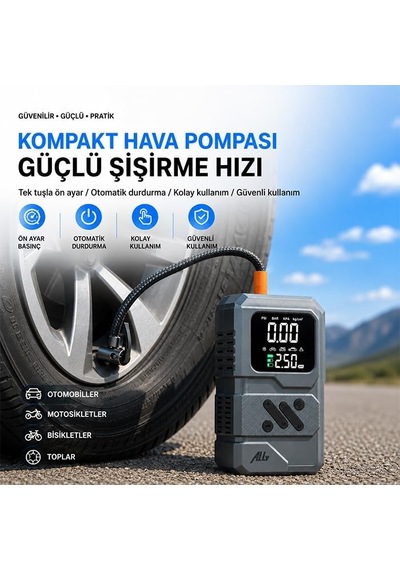 4 İn1 Jump Starter Lastik Sisirme Pompası Ve Powerbank Özellikli Starter Akü Takviye Seti, Sıyah