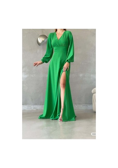 Lior Design Kadın Vintage V Yaka Yırtmaçlı Maxi Uzun Kollu Abiye Elbise Yeşil