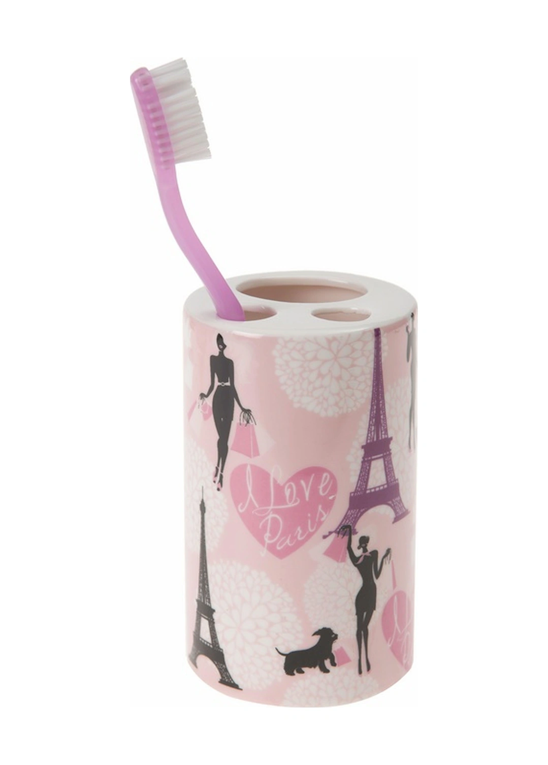 2 Adet Seramik Diş Fırçalık Kızlı Paris Desenli 7x7x11cm Banyo Seti Çok Renkli