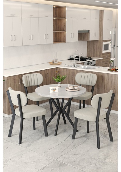 Gnr 90cm Sabit Beyaz Mutfak Masası Takımı, Yemek Masası, 4 Modern Krem Sandalye Krem