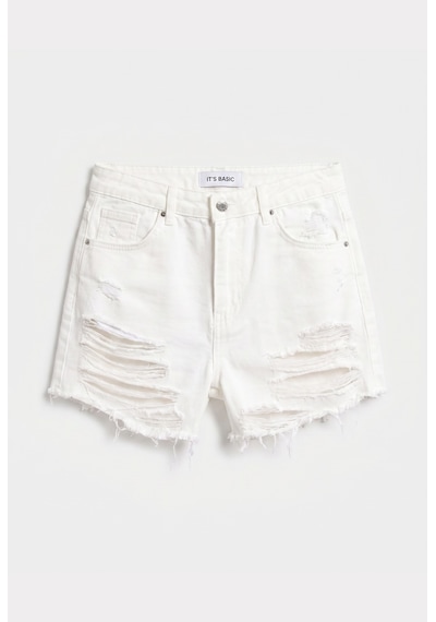 it's basic Kadın Kırık Beyaz 15s6-101 Mini Boy Yüksek Bel Yırtık Detaylı Püsküllü %100 Koton Denim Şort