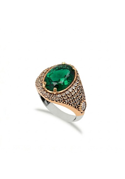 925 Ayar Gümüş Oval Yeşil Taşlı Otantik Yüzük Bronz