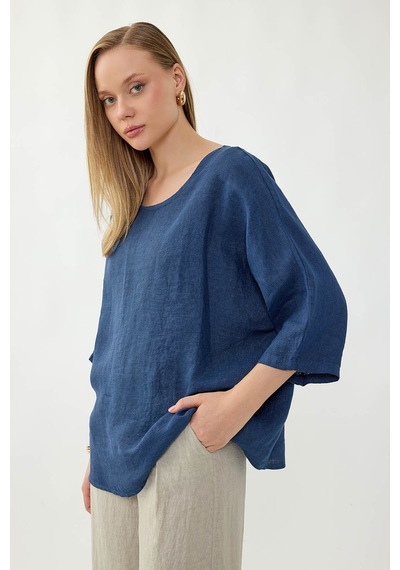 Vitrin %100 Keten Geniş Yaka Oversize Kısa Kol Bluz Lacivert