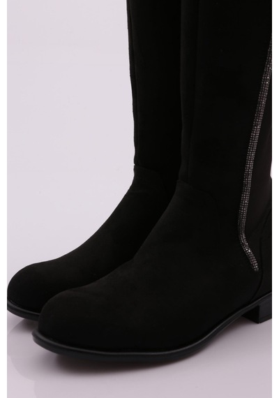 Dgn 508 Kadın Arkası Stretch Yan Taşlı Şerit Knee High Flats Çizme 508-1557-R1680 Siyah