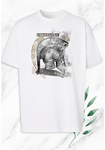 Flood Of Style Unisex Beyaz Oversizemitoloj Gladyatör Spartaküs Miğfer Baskılı T-shirt