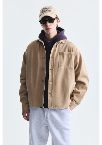 Vamos Oversize Denim Gömlek Bej