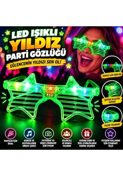 Yeşil Led Işıklı Yıldız Parti Gözlüğü