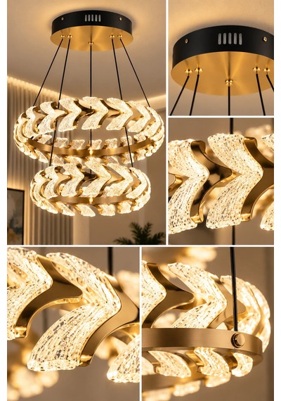 Modern Premium Led Avize Gold Kasa Çift Katlı Sarkıt Salon Yemek Odası Avizesi 85w