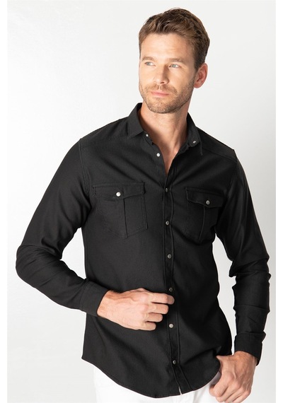 Tudors Slim Fit Dar Kesim Uzun Kol Erkek Kot Gömlek-25512 Siyah