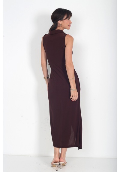 By Saygı Kadın Polo Kruvaze Yaka Drape Detaylı Likralı Midi Elbise Kahve