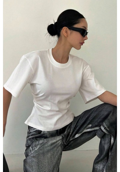 Kadın Beyaz Kısa Kollu Sırt Dekolteli Slim Fit Bluz/t-shirt Beyaz