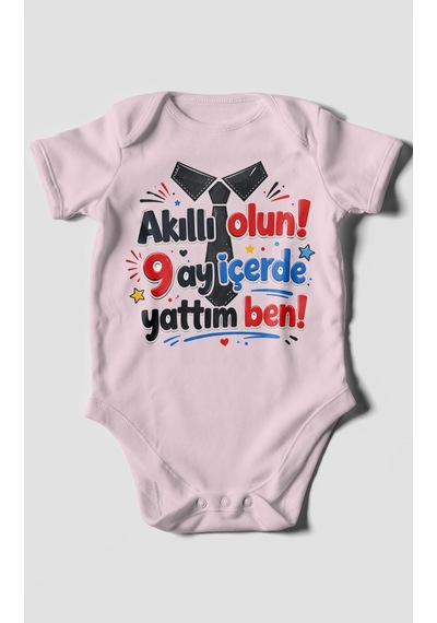 Morivokids Akilli Olun 9 Yazılı Kısa Kollu Bebek Body %100 Pamuk Bebe Pembe