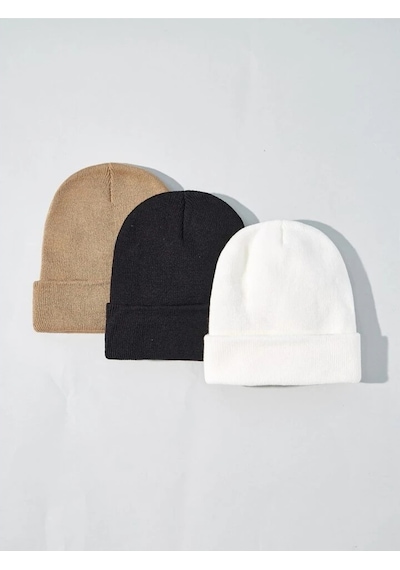 Eke Tekstil Unisex Katlamalı 3'lü Bere Seti Beyaz - Siyah - Vizon