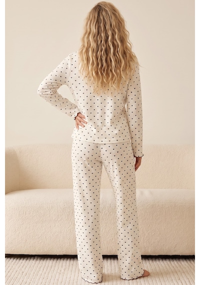 Siyah İnci Yumuşak Tuşe Kışlık Fitilli Pamuklu Örme Düğmeli Hırka Pijama Takım 8073 Siyah Kalp