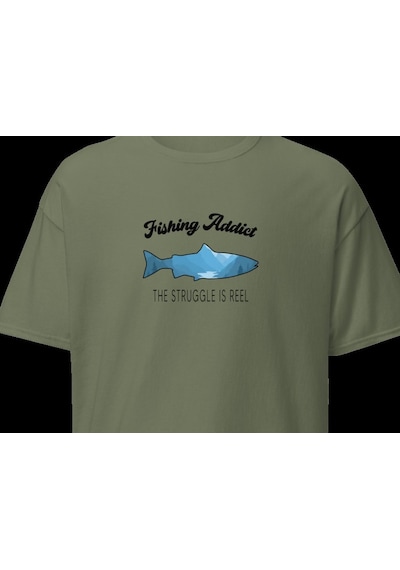Wildstyle Fishing Addict Struggle Is Reel Balıkçılık Esprili Baskılı Unisex Bisiklet Yaka Pamuklu Tişört Haki
