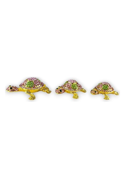3'lü Gold Kaplumbağa Biblo Seti Taşlı Pembe & Yeşil Kristal Detay 7x5 CM, 5x4 CM, 4,5x3,5 CM
