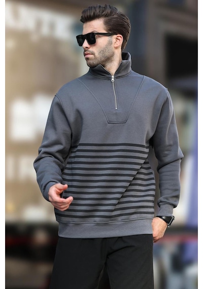 Madmext Füme Fermuar Yakalı Çizgili Sweatshirt 7056-füme Füme