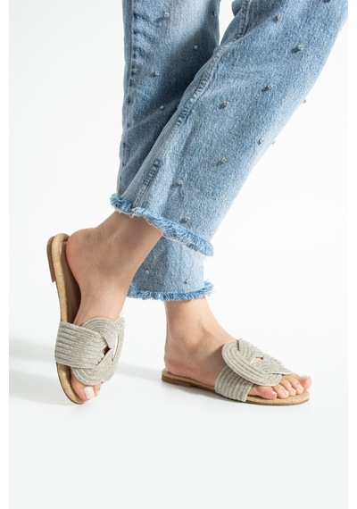 Dabab Shoes Lumıry Hasır Kadın Taşlı Düğümlü Bantlı Düz Işıltılı Terlik Kahverengi