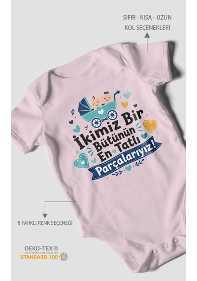Morivokids İkimiz Bir Bütünün Yazılı Kısa Kollu Bebek Body %100 Pamuk Bebe Pembe