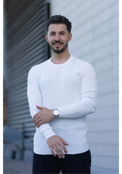 Hk Premium Kazak Fitilli Bisiklet Yaka Slim Fit Triko Beyaz