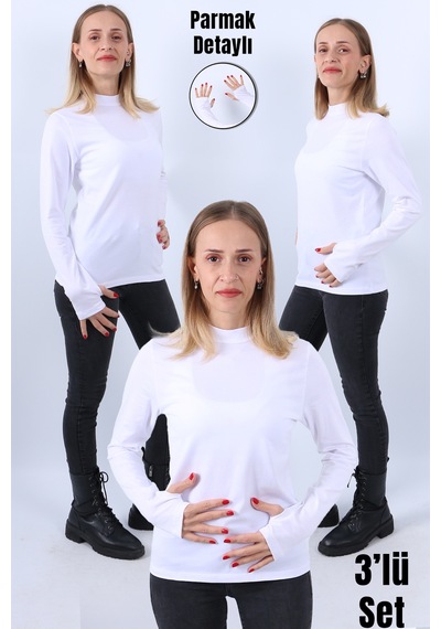 Kadın Boğazlı Parmak Detaylı Uzun Kollu Body 3lü Set Beyaz