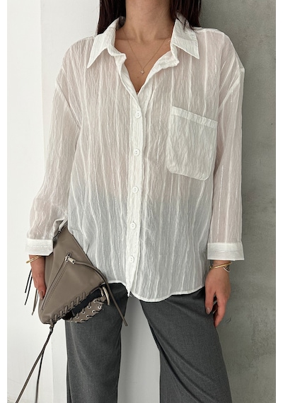 Sim Detaylı Kırışık Görünüm Oversize Gömlek Breeze Beyaz