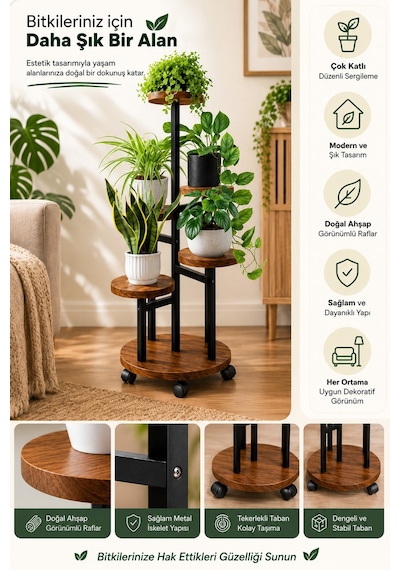 Metal 5 Katlı Tekerlekli Çiçeklik Saksılık Daire Model Dekoratif Bitki Rafı Ahşap
