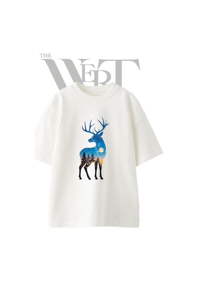 Thewert Geyik Ay Orman Tasarım Baskılı Ünisex Beyaz Oversize T-shirt