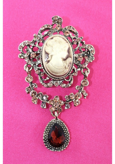 Kameo Vintage Broş, Garnet Kristal Taşlı Sallantılı Eskitme Bronz Renkli Kadın Yaka İğnesi Çok renkli